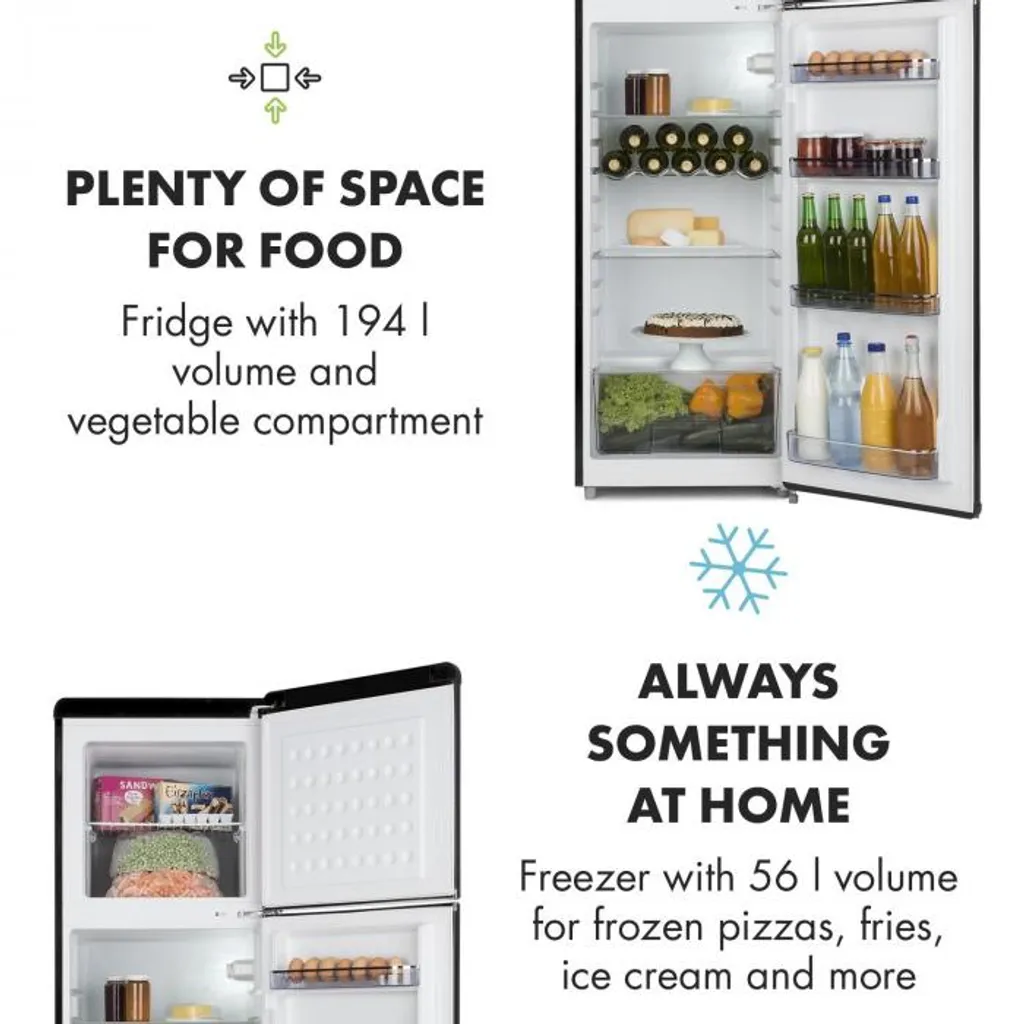 Klarstein Kühlschrank Mit Gefrierfach - Fridge - 0 Bis 10 °C - Kühlschrank Gefrierkombination - Kühlschrank Mit 194 L - 56 L Gefrierschrank - Schwarz Kühl Gefrierkombination Retro Kühlgefrierkombination Freistehend Gefriergeräte - Image 5