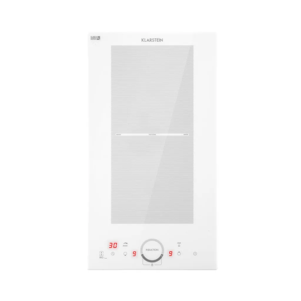 Klarstein Delicatessa Slim Domino Induktionskochfeld ,29 Cm ,Einbau ,autark ,2 Zonen: 3500 Watt ,9 Stufen ,Booster ,Flexzone ,Topferkennung ,Timer ,Glaskeramik ,rahmenlos ,weiß
