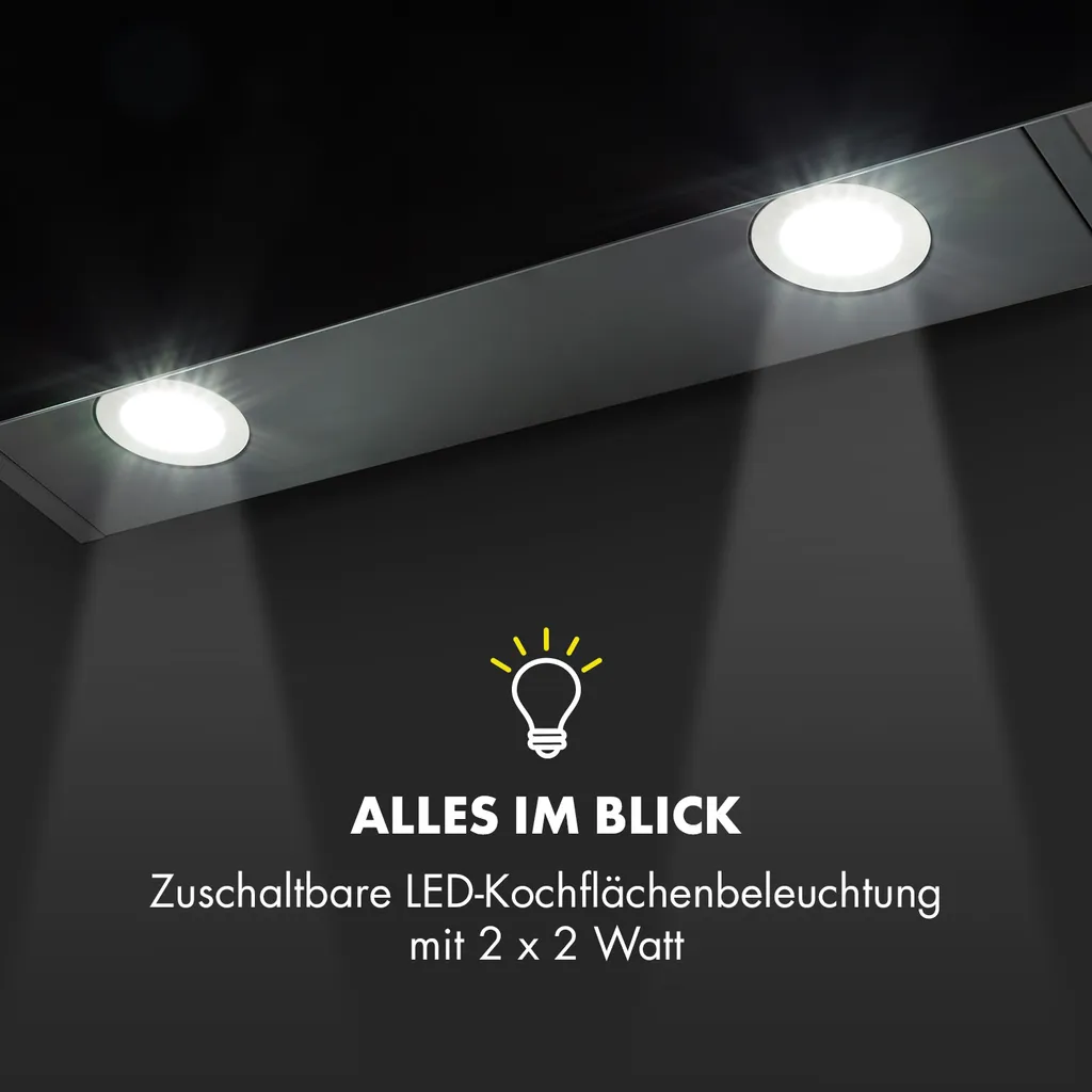 Klarstein Annabelle 90 Dunstabzugshaube - Kopffreihaube, Wandabzugshaube, Abluft/Umluft, 650 M³/h Abluftleistung, 230 Watt, LED-Kochflächenbeleuchtung, Edelstahl, Touch-Armatur, Schwarz - Image 5