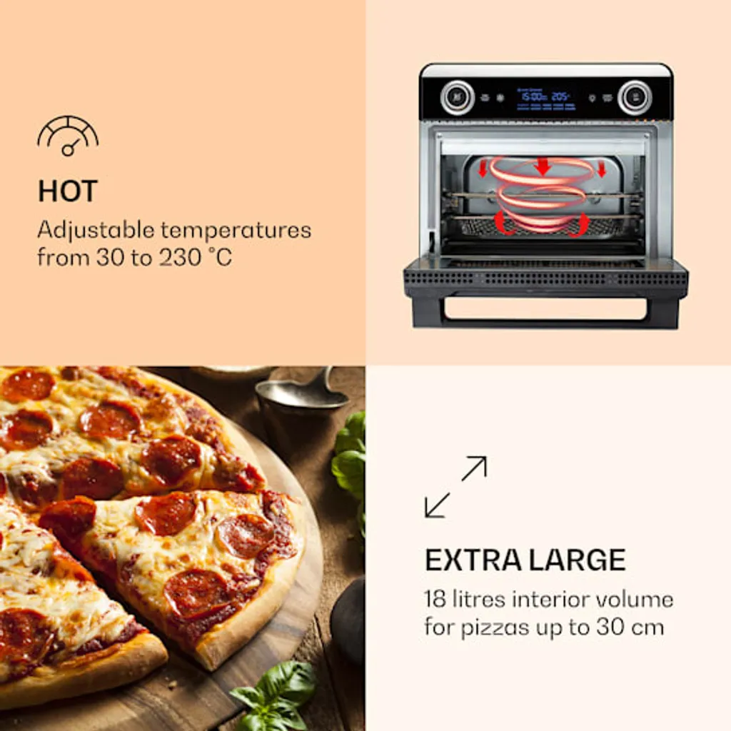 Klarstein AeroVital Jumbo 3in1 Heißluftfritteuse - 18L Heissluftfriteuse / Toaster / Dörrautomat , Airfryer Mit Touchscreen, 10 Programme, 30 Bis 230 °C, Edelstahl,inkl. 6-teiliges Zubehör - Image 3