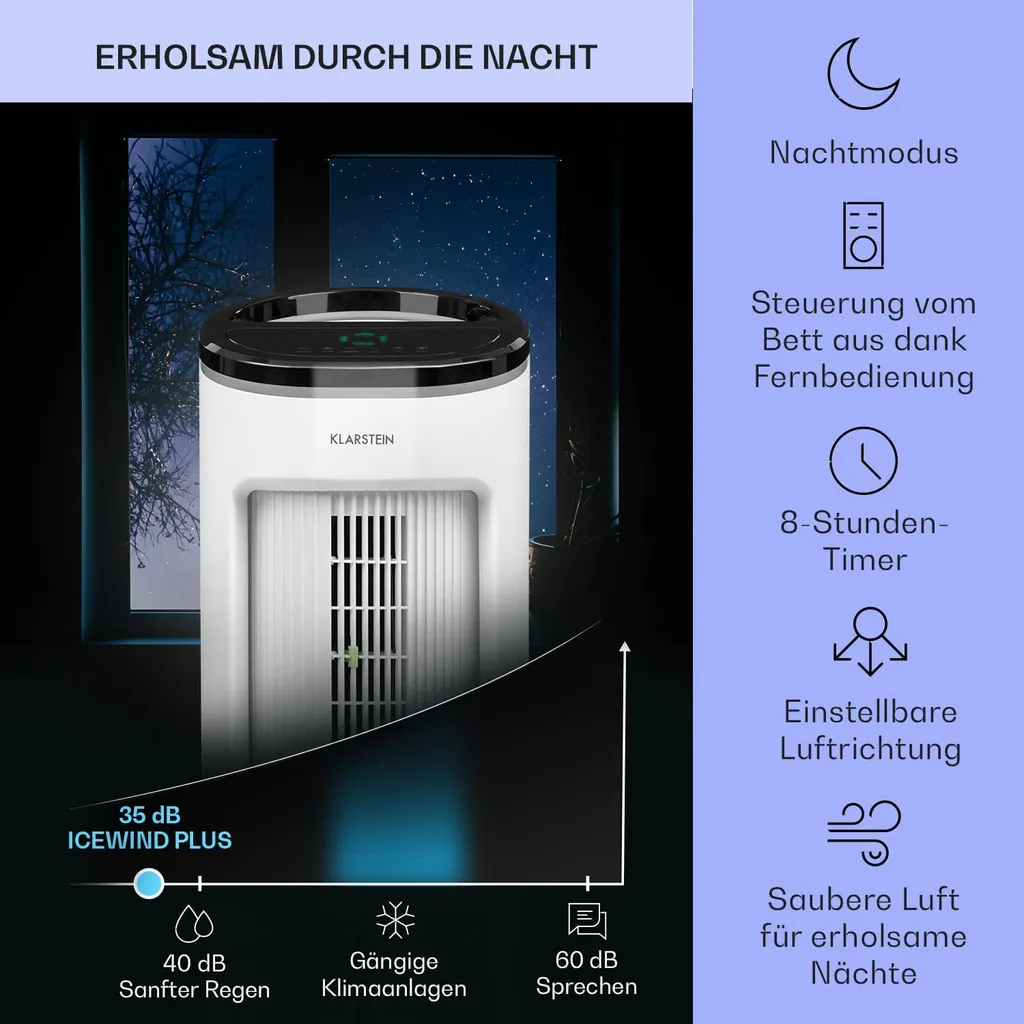 Klarstein Mobiles Klimagerät Ohne Abluftschlauch - Luftkühler Mit Wasser Ventilator Luftbefeuchter Luftreiniger Funktion - 7L Wassertank - Air Cooler Klimaanlage Mobil Mit Fernbedienung - Weiß - Image 4