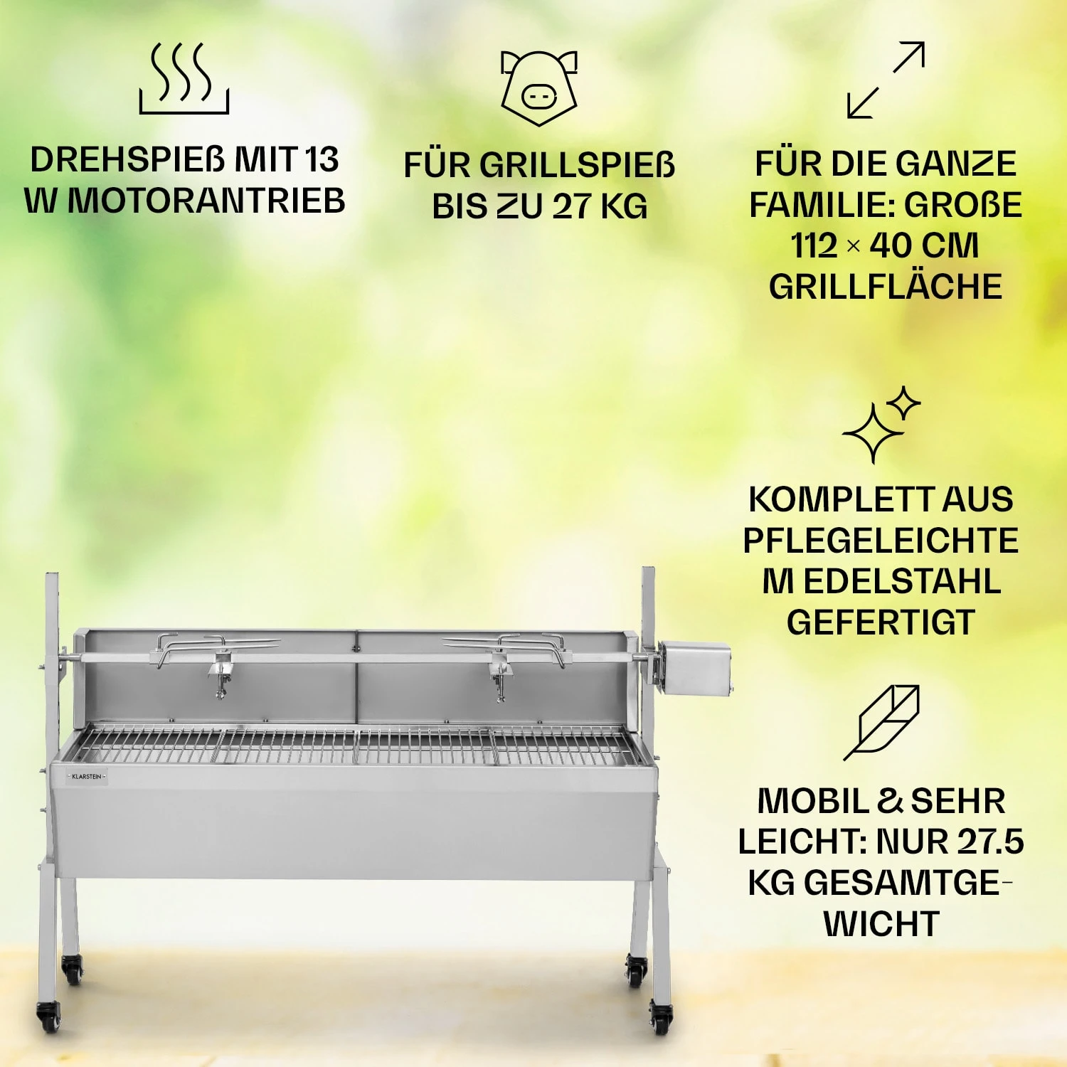 Sauenland Pro Spanferkelgrill Drehspieß 13W 4 Rollen Edelstahl - Image 2