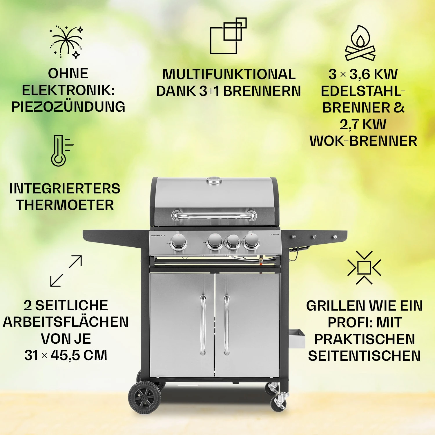 Tomahawk 3.1 S Gasgrill 3x3,6kW Brenner+2,7 KW 60x45cm Grill Edelstahl - Image 2