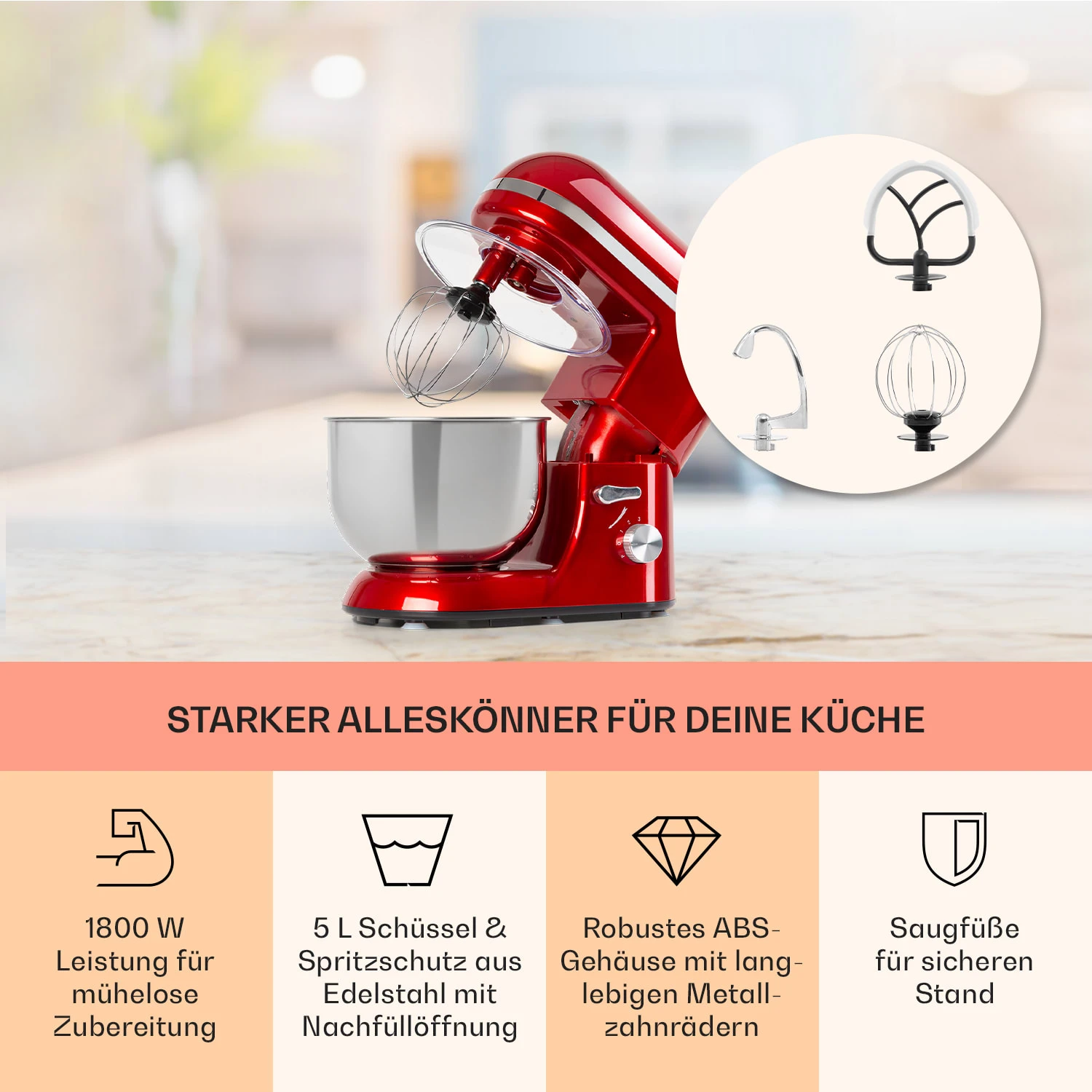 Bella Elegance Küchenmaschine 2000 W 2,7 PS 5,2 Ltr Edelstahl BPA-frei - Image 3