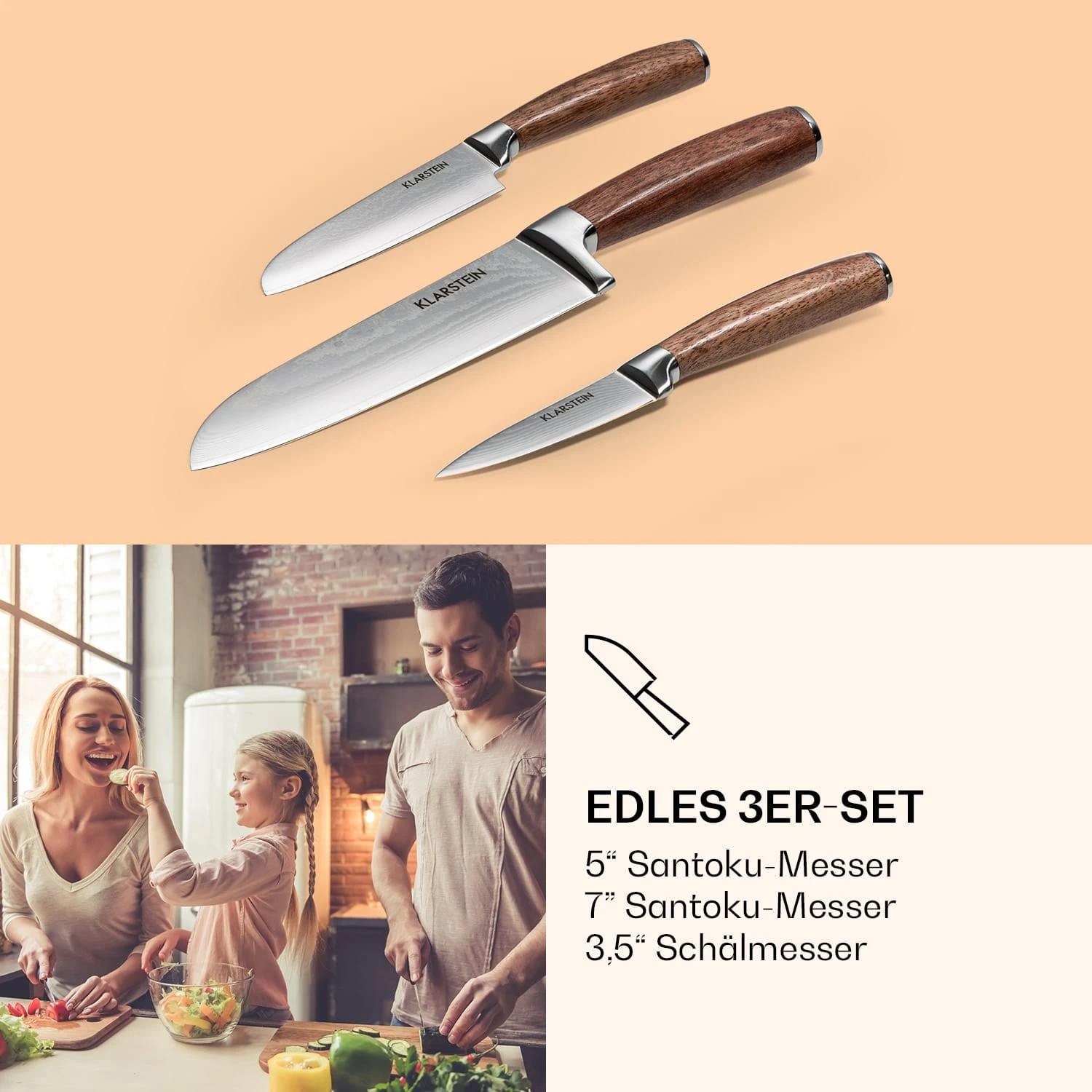 Kishiko Messerset Damaszener-Stahl 3-teilig Extra Scharf Rosenholz - Image 3