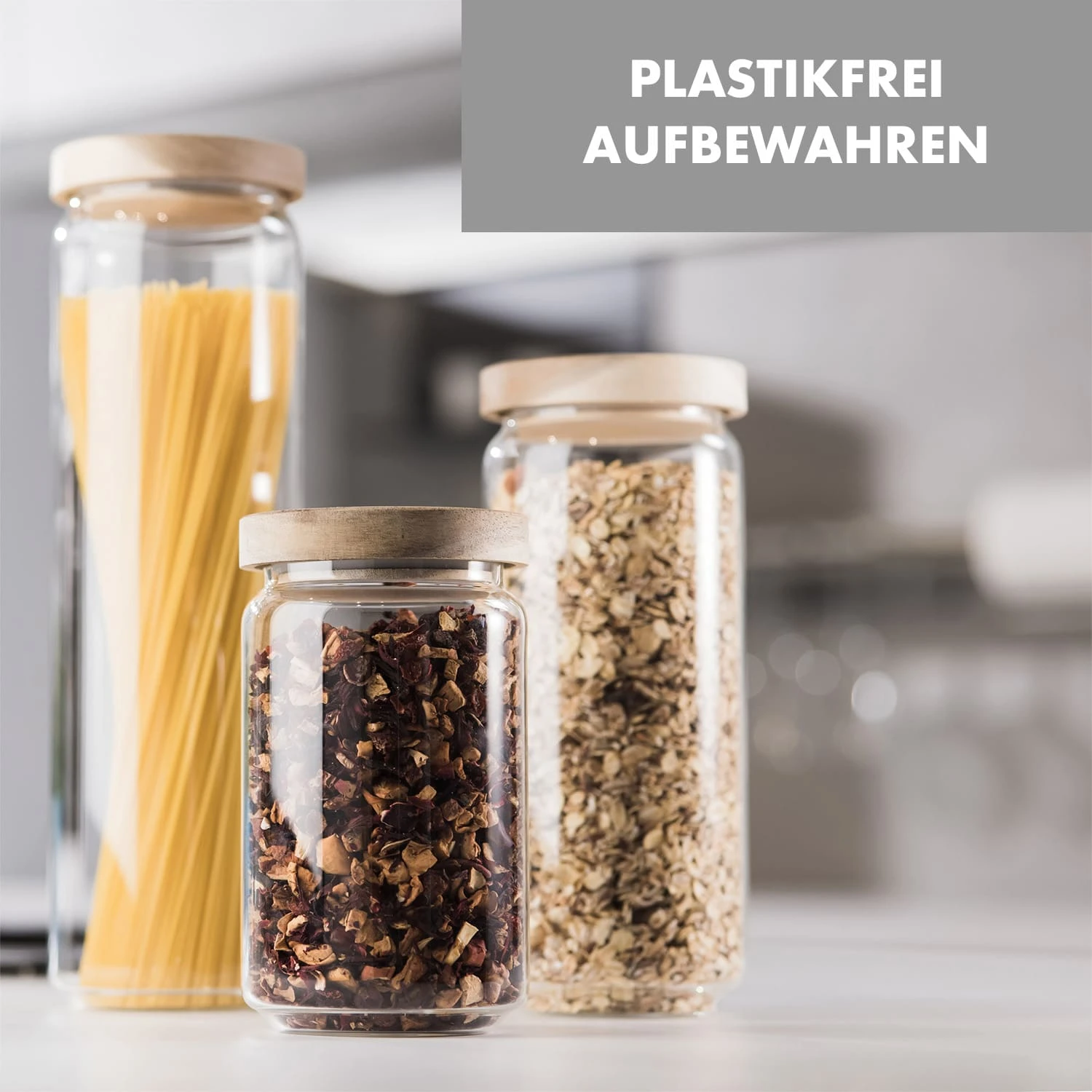 Glaswerk Lovage Vorratsgläser 0,75 1,1 1,5 L 3er Set Borosilikatglas Akazienholzdeckel Silikon - Image 2