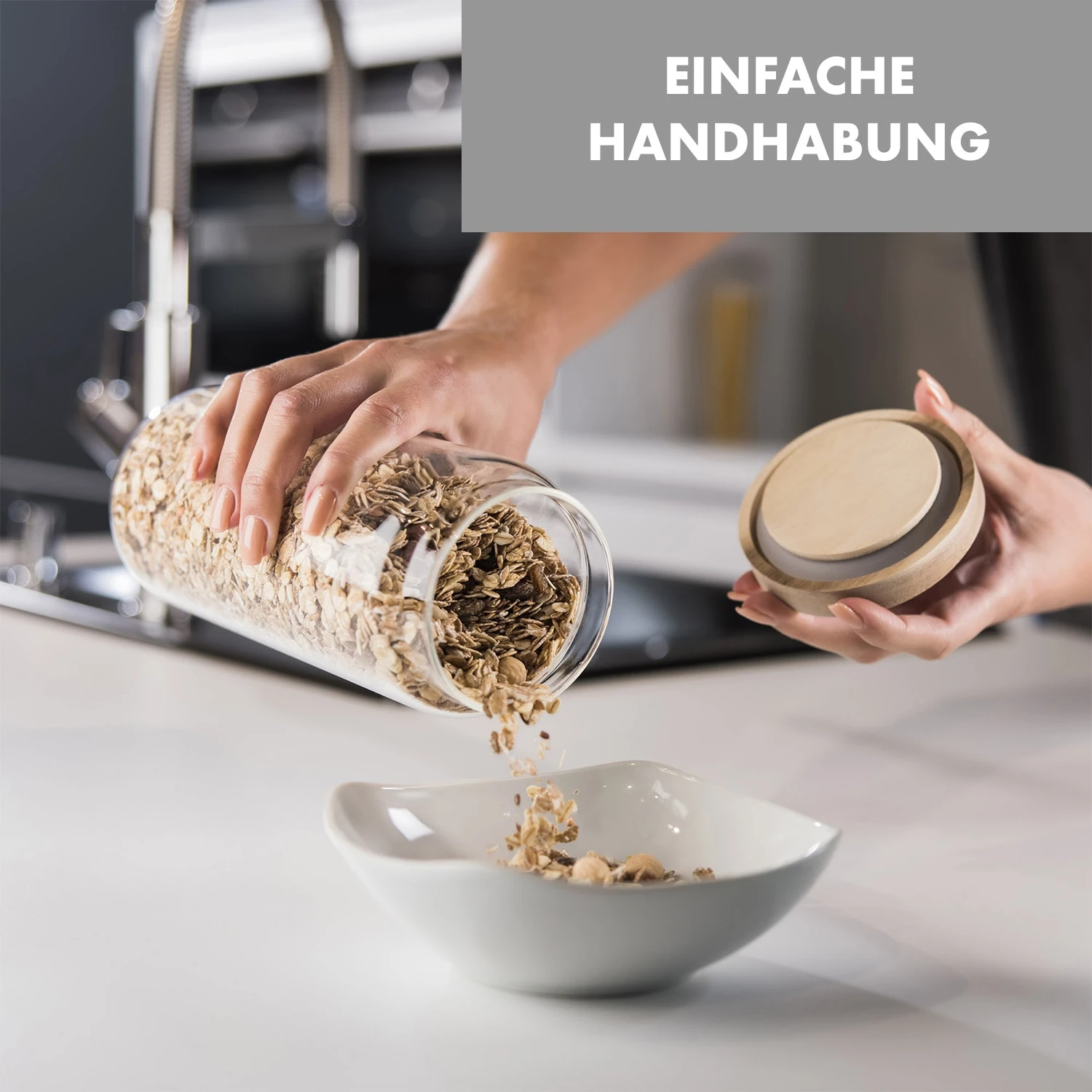 Glaswerk Lovage Vorratsgläser 0,75 1,1 1,5 L 3er Set Borosilikatglas Akazienholzdeckel Silikon - Image 4