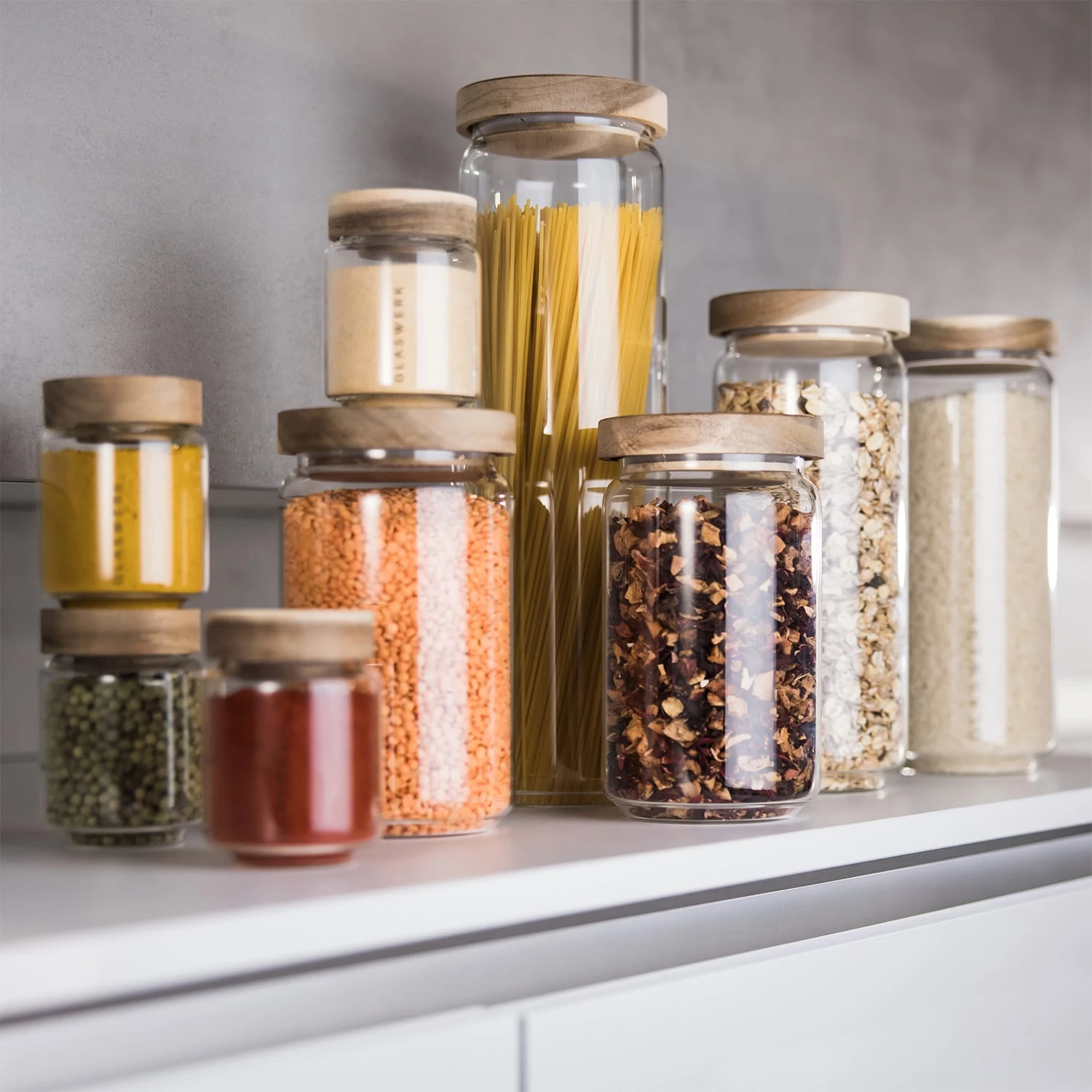 Glaswerk Lovage Vorratsgläser 0,75 1,1 1,5 L 3er Set Borosilikatglas Akazienholzdeckel Silikon - Image 5