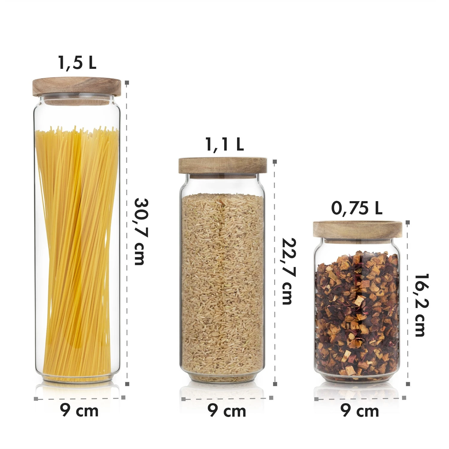 Glaswerk Lovage Vorratsgläser 0,75 1,1 1,5 L 3er Set Borosilikatglas Akazienholzdeckel Silikon - Image 8