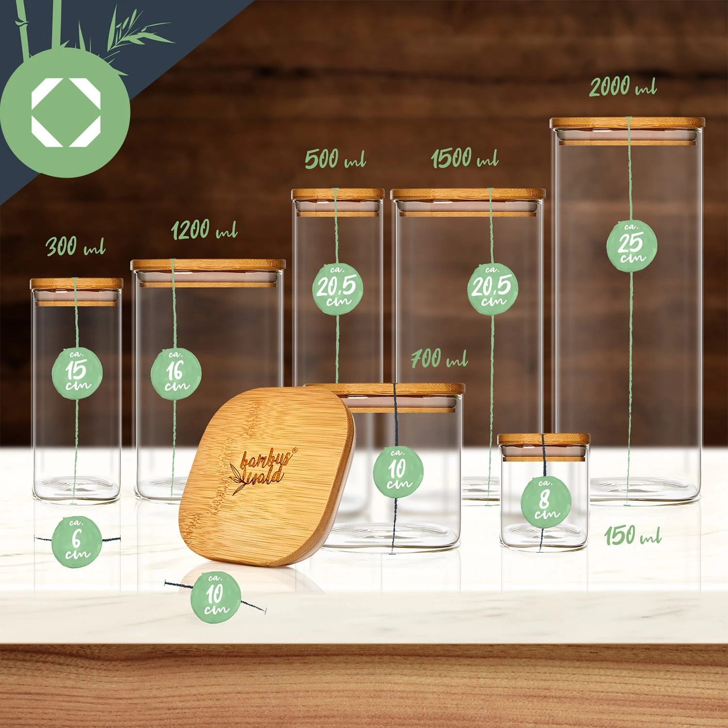 Eckiges Glas Mit Bambusdeckel Luftdicht Mit Silikonring 10x10x10 Cm 3x 700 Ml - Image 7