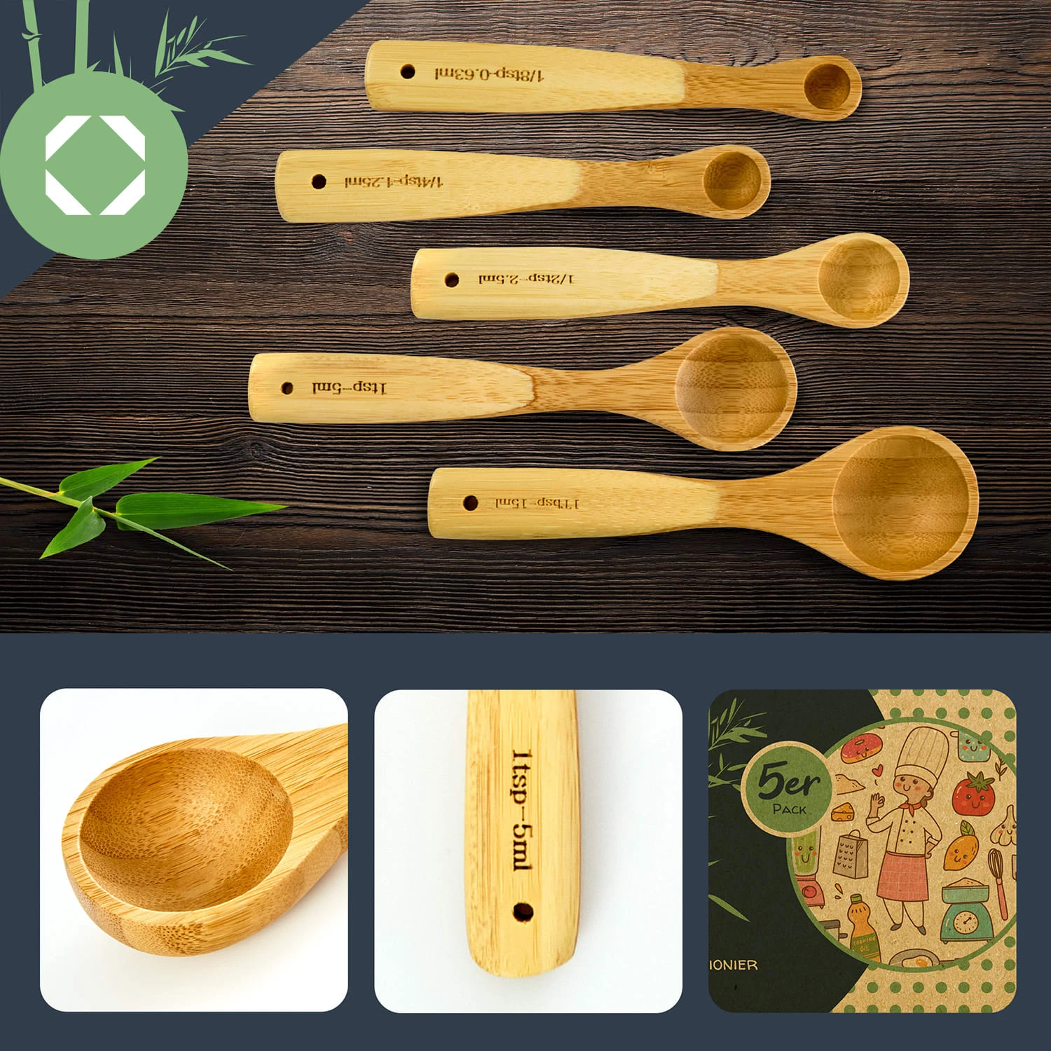 Messlöffel-Set Back- Und Kochbesteck Ideales Abmessen 5er-Set Bambus - Image 2