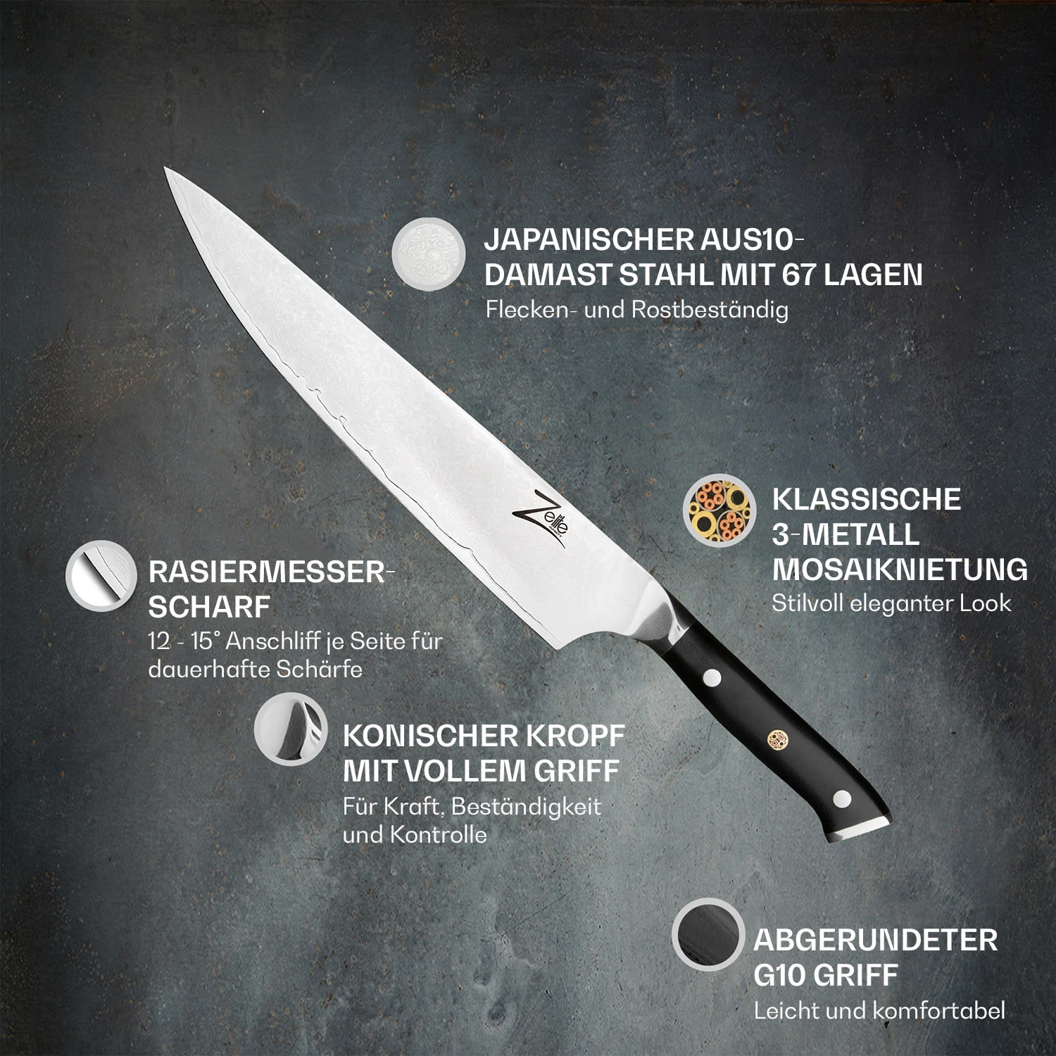 Alpha-Royal Japanese Serie 10" Chefkochmesser Damaszener-Stahl - Image 2