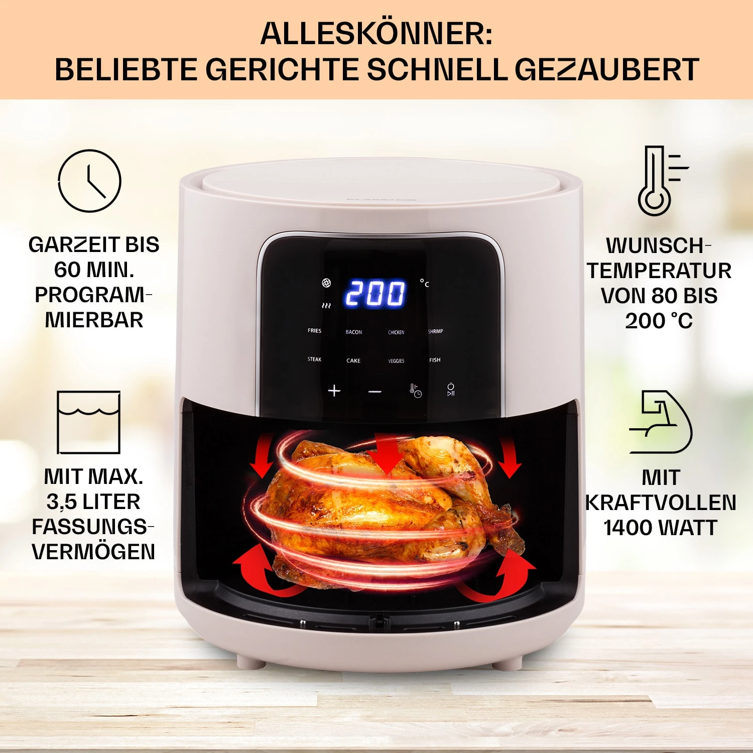 Crisp-Pro Heißluftfritteuse Air Fryer 1400W 3,5 Ltr 8 Programme Timer - Image 2