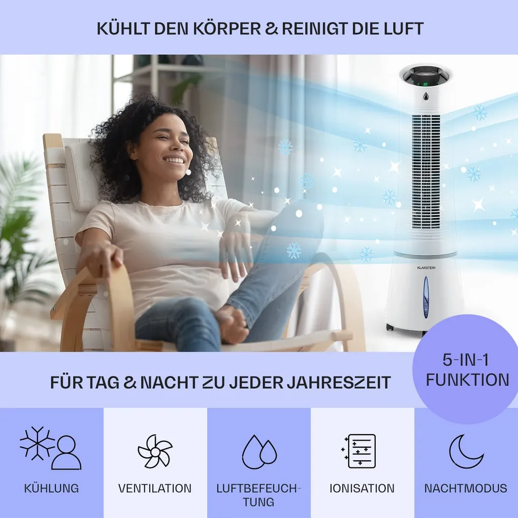 Klarstein Mobiles Klimagerät Ohne Abluftschlauch - Luftkühler Mit Wasser Ventilator Luftbefeuchter Luftreiniger Funktion - 6L Wassertank - Air Cooler Klimaanlage Mobil Mit Fernbedienung - Weiß - Image 2