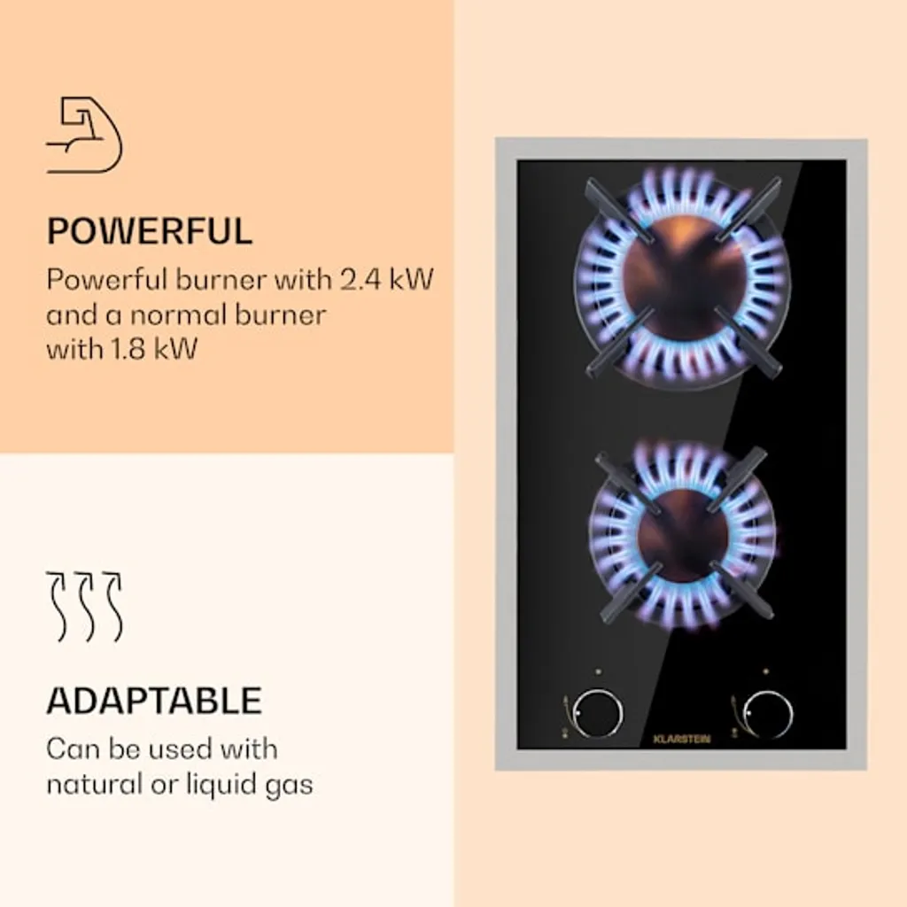 Klarstein Goldflame Domino Prime Gaskochfeld , 2-flammig Messing-Brenner , 4,2 KW, Glaskeramik , Inklusive Schlauch Und Druckminderer - Image 5