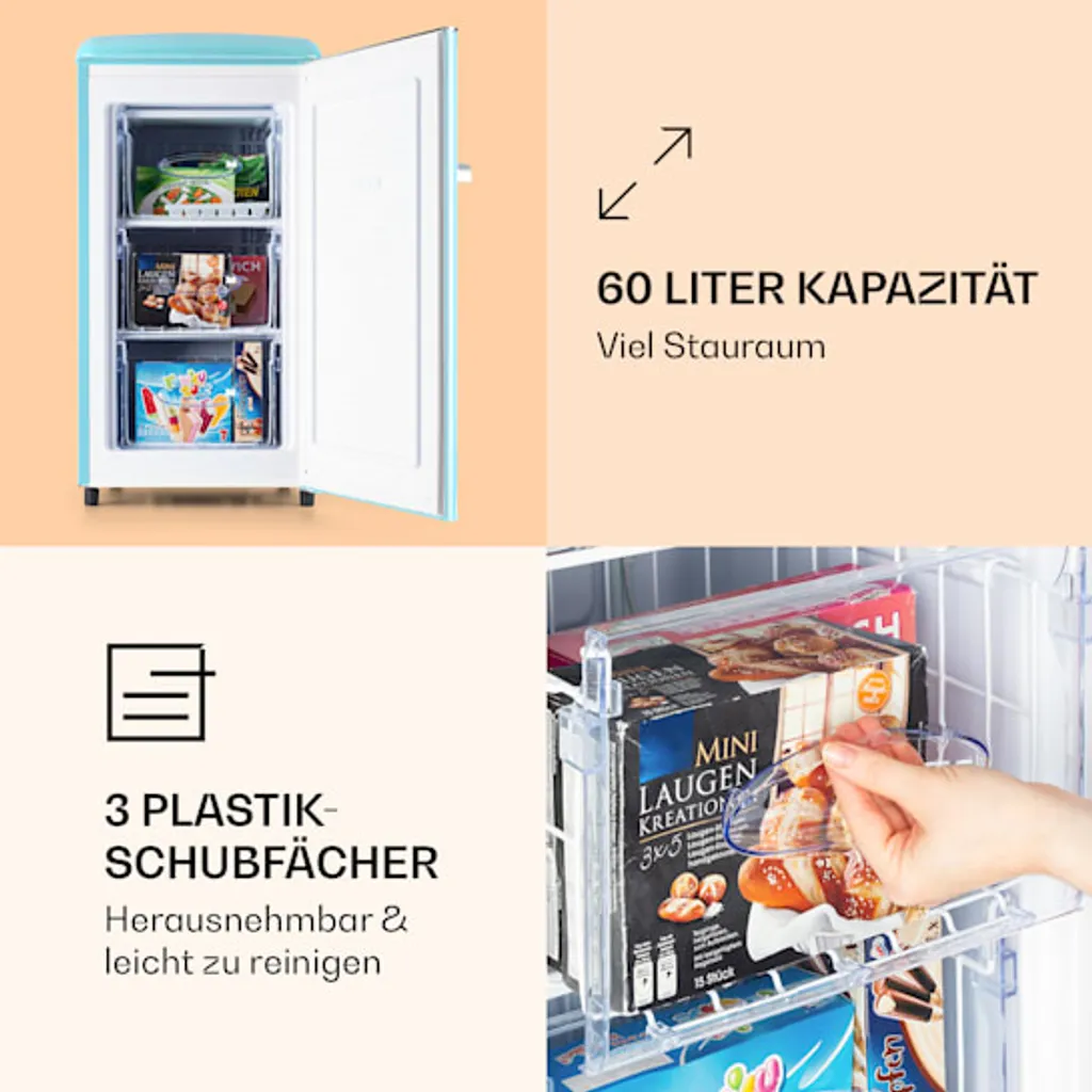 Klarstein Laika 60L Gefrierschrank , 60 Liter , 4-Sterne-Gefrierfach , 3 Schubladen , Temperatur: -18 Bis 0 °C , 5-stufiger Thermostat , 41 DB , Retro-Look - Image 4