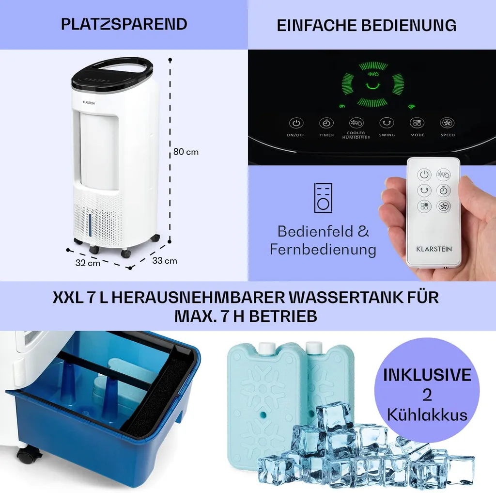 Klarstein Mobiles Klimagerät Ohne Abluftschlauch - Luftkühler Mit Wasser Ventilator Luftbefeuchter Luftreiniger Funktion - 7L Wassertank - Air Cooler Klimaanlage Mobil Mit Fernbedienung - Weiß - Image 6