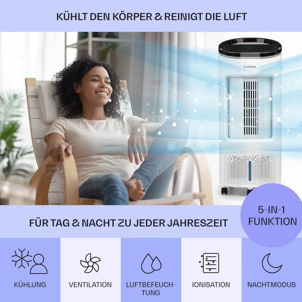 Klarstein Mobiles Klimagerät Ohne Abluftschlauch - Luftkühler Mit Wasser Ventilator Luftbefeuchter Luftreiniger Funktion - 7L Wassertank - Air Cooler Klimaanlage Mobil Mit Fernbedienung - Weiß - Image 2
