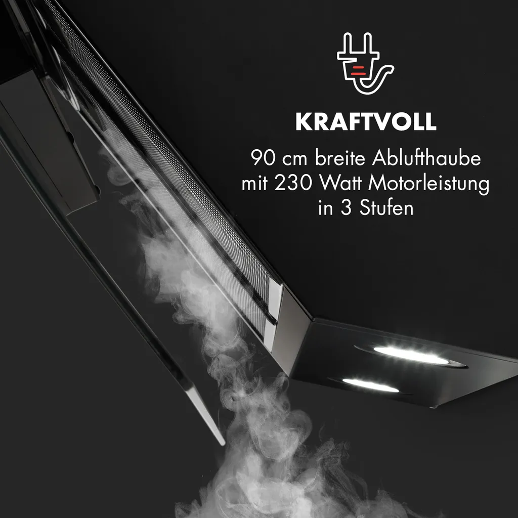 Klarstein Annabelle 90 Dunstabzugshaube - Kopffreihaube, Wandabzugshaube, Abluft/Umluft, 650 M³/h Abluftleistung, 230 Watt, LED-Kochflächenbeleuchtung, Edelstahl, Touch-Armatur, Schwarz - Image 6