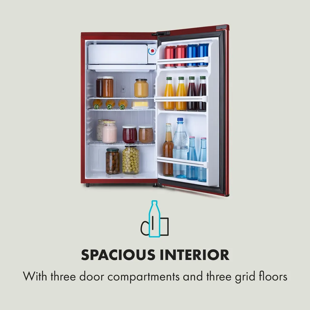 Klarstein Yummy Kühlschrank , 90 Liter Fassungsvermögen , Gefrierfach: 8 Liter , Kühlschrank: 82 Liter , Verchromte Verblendung , , Kühlmittel: R600a , 41dB , 3 X Gitterboden , Halb Automatische Abtau-Funktion , Inkl. Tropfschale , Rot - Image 5