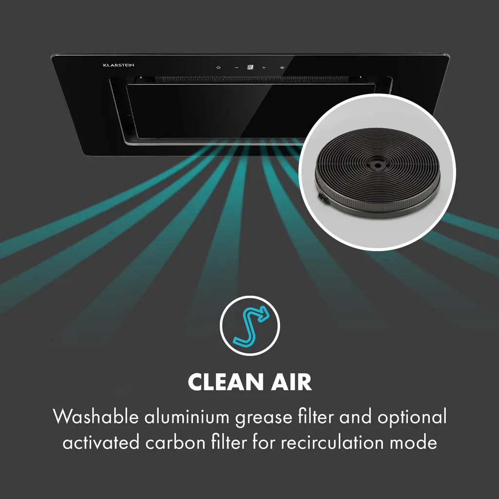 Klarstein Hektor Eco Lüfterbaustein , 52 Cm , Max. Abluftleistung 566 M³/h , EEK: B , 3 Stufen , Nachlüftungstimer , LEDs: 2 X 2 W , Touch-Panel , Dunstabzugshaube , Einbau-Haube , Unterseite Aus Sicherheitsglas , Schwarz - Image 6