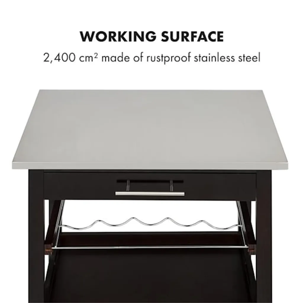 Klarstein Vermont - Küchenwagen, Servierwagen, Küchenrollwagen, 4 Etagen, DREI Ablagen, Herausnehmbare Schublade, Flaschenablage, Edelstahl-Arbeitsplatte, Echtholz, Rollen, Dunkelbraun - Image 6