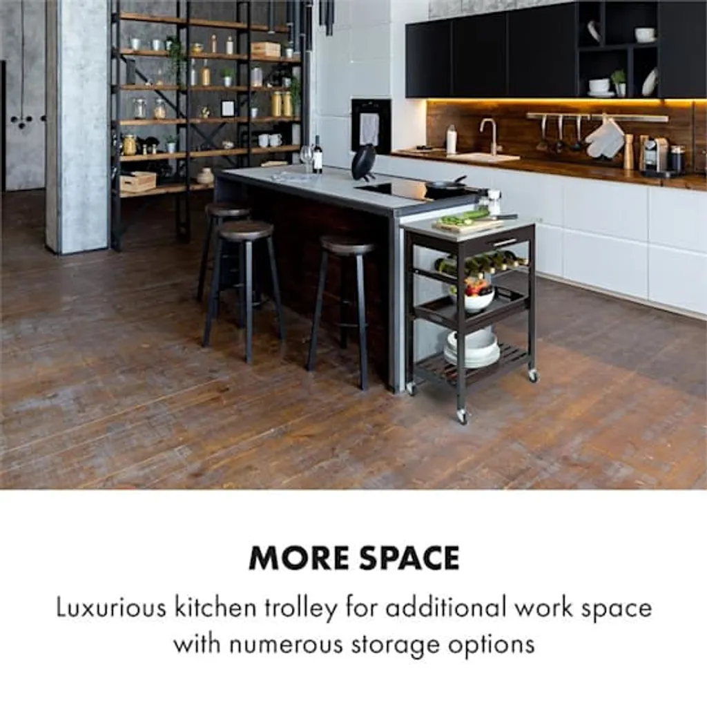 Klarstein Vermont - Küchenwagen, Servierwagen, Küchenrollwagen, 4 Etagen, DREI Ablagen, Herausnehmbare Schublade, Flaschenablage, Edelstahl-Arbeitsplatte, Echtholz, Rollen, Dunkelbraun - Image 2