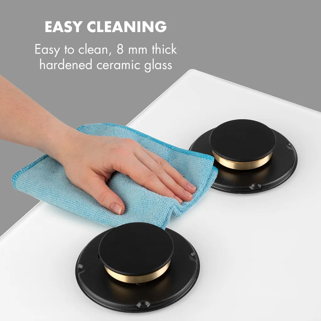 Klarstein Goldflame 4 Gaskochfeld , 4-flammig , Autark , 60 Cm , Einbau , Messing-Brenner , Erdgas/Propangas , Sicherheitsventile , Automatische Abschaltung , Topfträger Aus Gusseisen , Inkl. Schlauch Und Druckminderer , Glaskeramik Ø 8 Mm , Weiß - Image 8