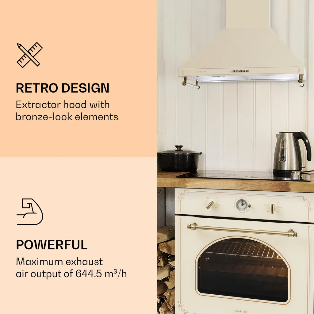 Klarstein Victoria Dunstabzugshaube 60cm , 644,5 M³/h Luftdurchsatz , 2 Stromsparende LED-Lampen , Retro-Design - Image 3