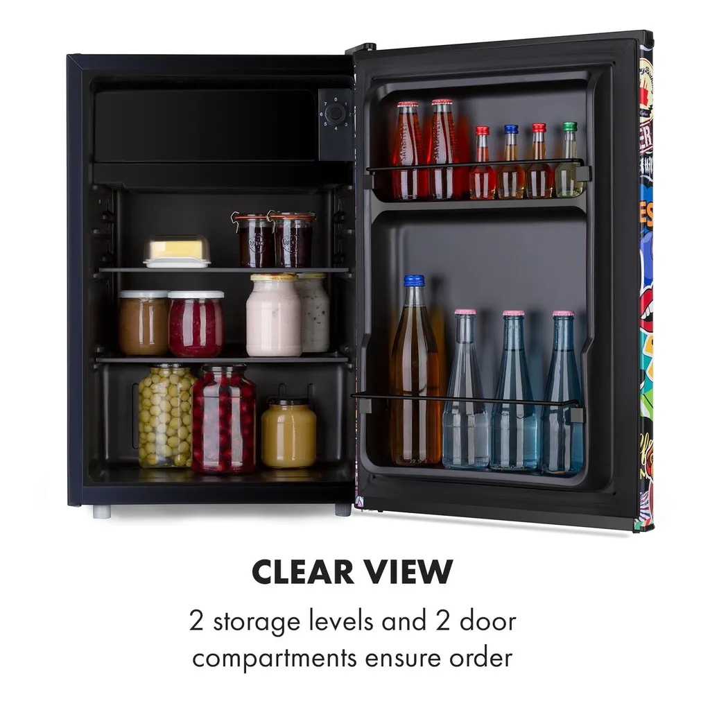 Klarstein Cool Vibe 70+ Kühlschrank , , Volumen: 70 Liter , VividArt Concept: Tür Mit Stickerbomb-Design Print , Eisfach , Eiswürfelform , Geräuschentwicklung: 42 DB , Schwarz - Image 5