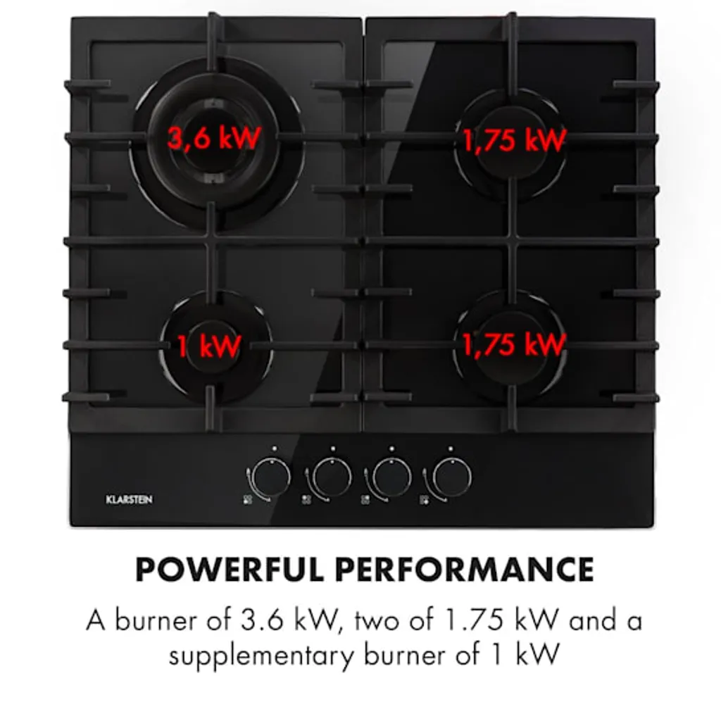 Klarstein Ignito 4 Zonen Gaskochfeld - 4-flammig Aus Glaskeramik, New Edition, Autark, 60cm, Sabaf-Brenner, Erdgas/Propangas, Sicher Mit Abschaltautomatik, Topfträger Aus Gusseisen, Einbau, Schwarz - Image 6