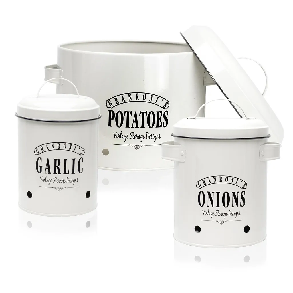 Klarstein Granrosi Georgia Vorratsbehälter Vorratstopf 3er-Set , Knoblauchtopf, Zwiebeltopf, Kartoffeltopf , Emaille-Stahlblech , Rostfrei , Lüftungsöffnungen , Vintage-Design , Creme - Image 3