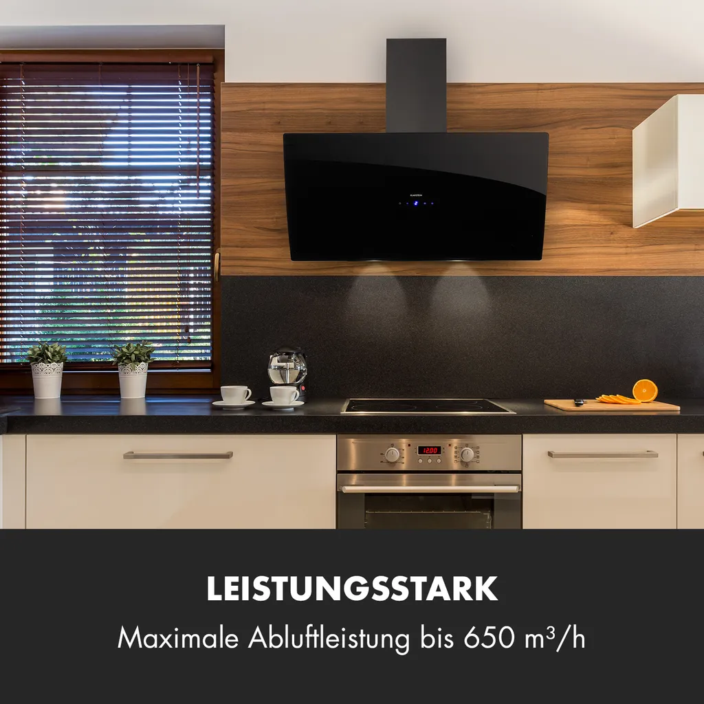 Klarstein Annabelle 90 Dunstabzugshaube - Kopffreihaube, Wandabzugshaube, Abluft/Umluft, 650 M³/h Abluftleistung, 230 Watt, LED-Kochflächenbeleuchtung, Edelstahl, Touch-Armatur, Schwarz - Image 2