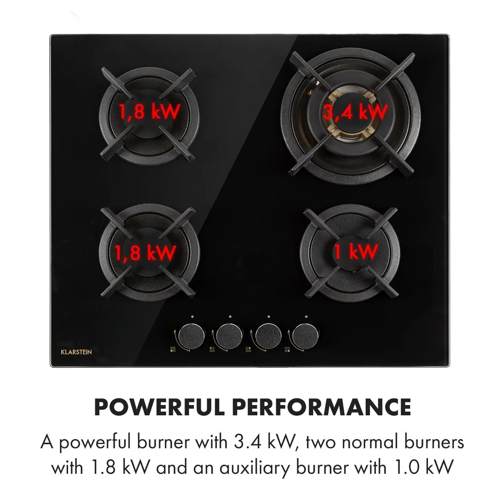 Klarstein Goldflame 4 Gaskochfeld , 4-flammig , Autark , 60 Cm , Einbau , Messing-Brenner , Erdgas/Propangas , Sicherheitsventile , Automatische Abschaltung , Topfträger Aus Gusseisen , Inkl.Schlauch Und Druckminderer , Glaskeramik Ø 8 Mm , Schwarz - Image 6