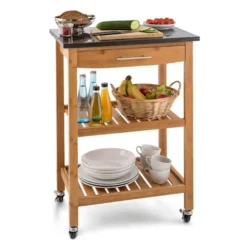 Klarstein Tennessee Servierwagen - Küchenwagen , Rollwagen , 3 Etagen , 2 Ablageflächen , Herausnehmbare Schublade , Schwarze Granitarbeitsfläche , Sichere Feststellbremsen , Bambusholz , Braun