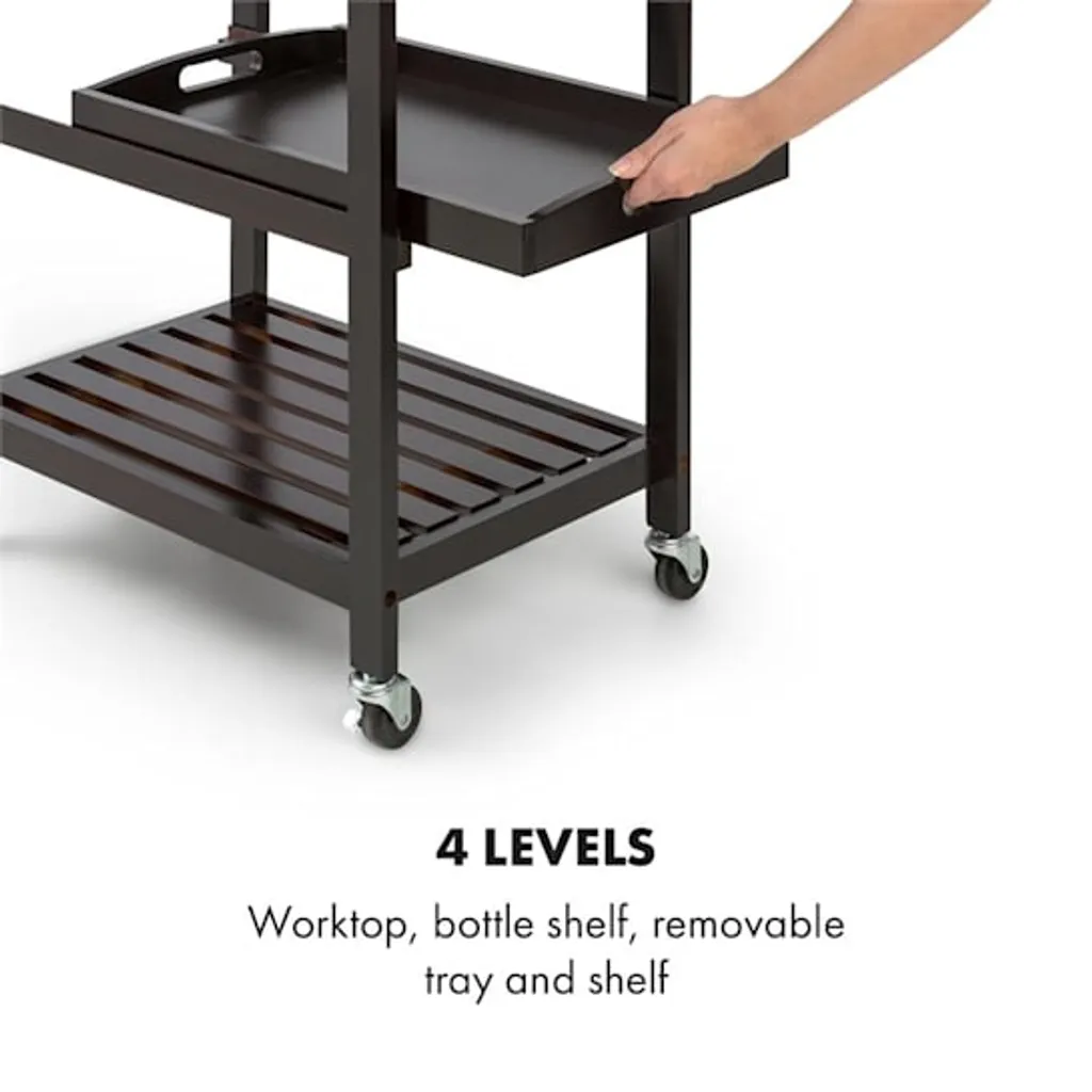 Klarstein Vermont - Küchenwagen, Servierwagen, Küchenrollwagen, 4 Etagen, DREI Ablagen, Herausnehmbare Schublade, Flaschenablage, Edelstahl-Arbeitsplatte, Echtholz, Rollen, Dunkelbraun - Image 5