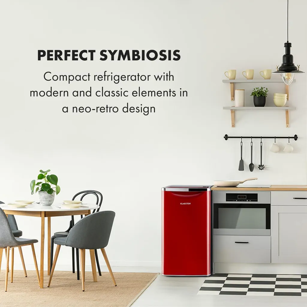Klarstein Yummy Kühlschrank , 90 Liter Fassungsvermögen , Gefrierfach: 8 Liter , Kühlschrank: 82 Liter , Verchromte Verblendung , , Kühlmittel: R600a , 41dB , 3 X Gitterboden , Halb Automatische Abtau-Funktion , Inkl. Tropfschale , Rot - Image 2