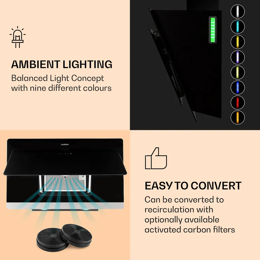 Klarstein Aurora Eco 90 Dunstabzugshaube 90 Cm , Abluftleistung: 550 M³/h , Kopffrei , Ambientelicht , EEC A+ - Image 4