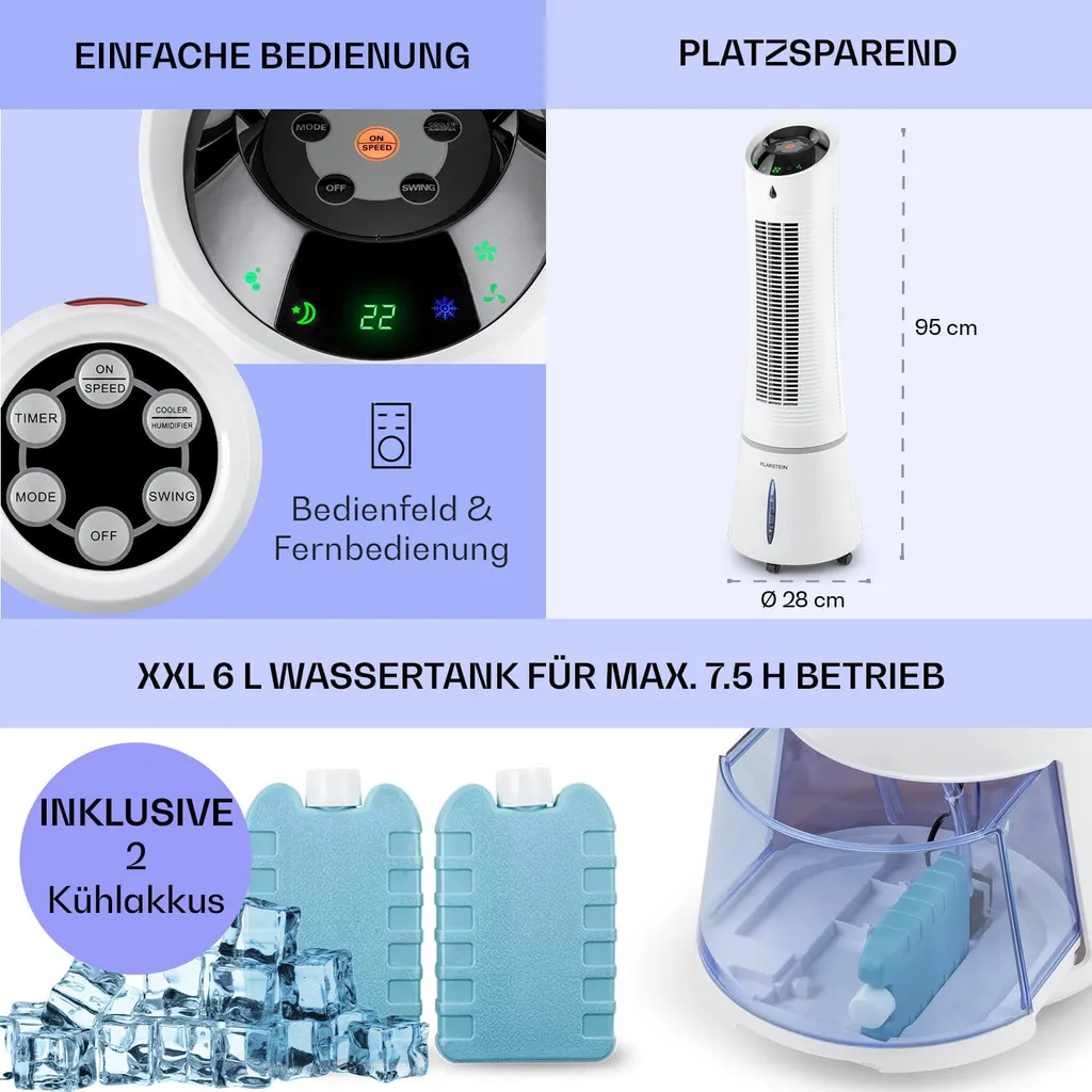 Klarstein Mobiles Klimagerät Ohne Abluftschlauch - Luftkühler Mit Wasser Ventilator Luftbefeuchter Luftreiniger Funktion - 6L Wassertank - Air Cooler Klimaanlage Mobil Mit Fernbedienung - Weiß - Image 6