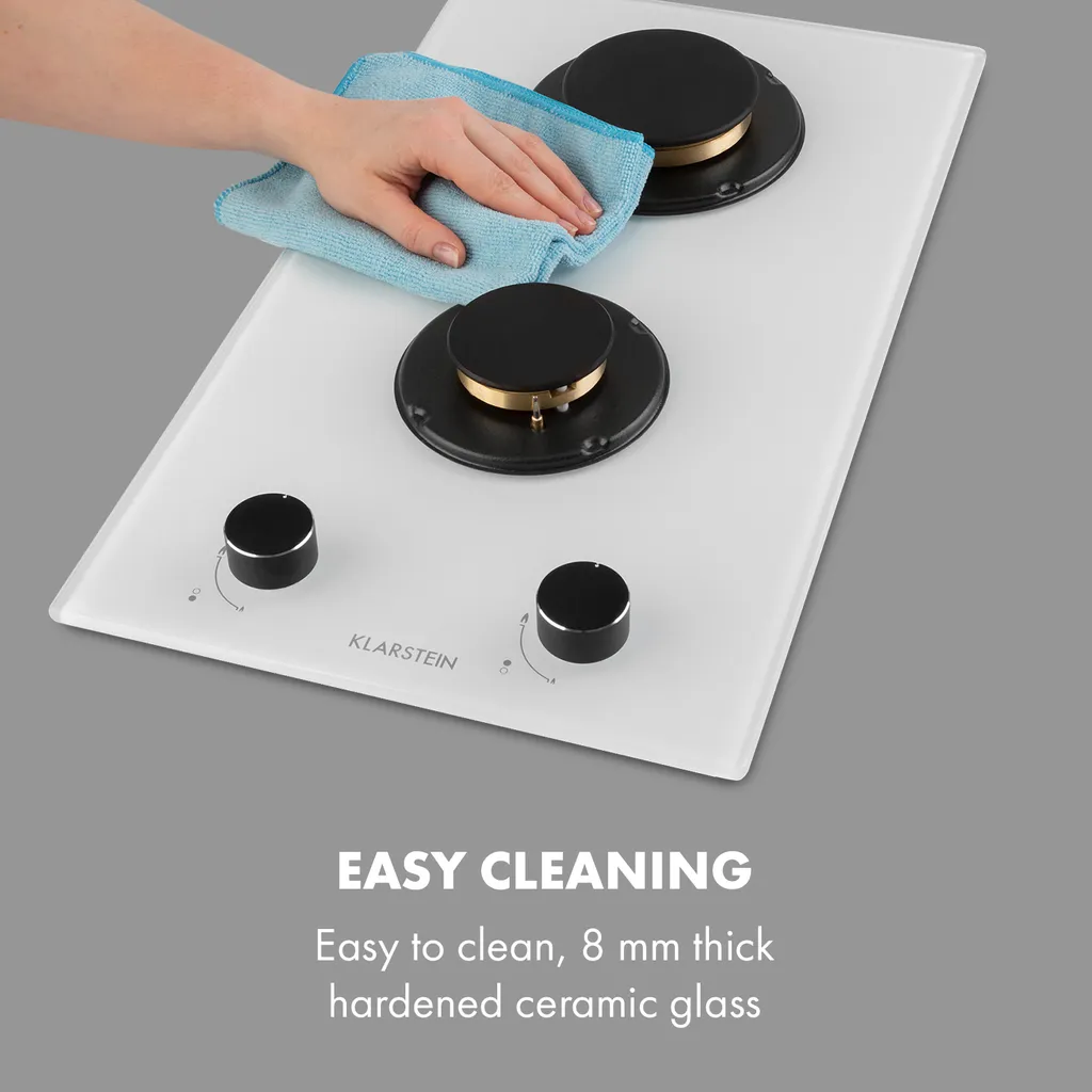 Klarstein Goldflame Domino Gaskochfeld , 2-flammig , Autark , 30 Cm , Einbau , Messing-Brenner , Erdgas/Propangas , Sicherheitsventile , Automatische Abschaltung , Topfträger Aus Gusseisen , Inkl. Schlauch Und Druckminderer , Glaskeramik Ø 8 Mm , Weiß - Image 8