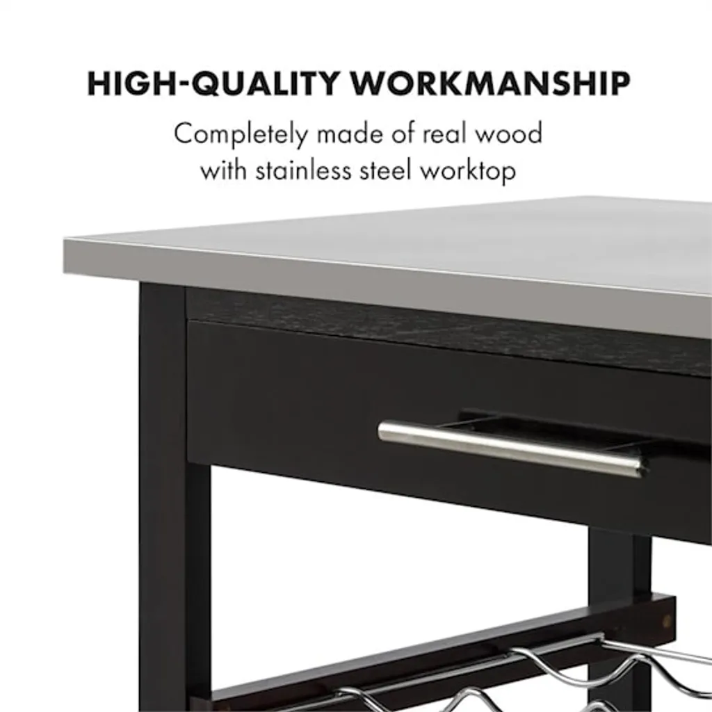 Klarstein Vermont - Küchenwagen, Servierwagen, Küchenrollwagen, 4 Etagen, DREI Ablagen, Herausnehmbare Schublade, Flaschenablage, Edelstahl-Arbeitsplatte, Echtholz, Rollen, Dunkelbraun - Image 4