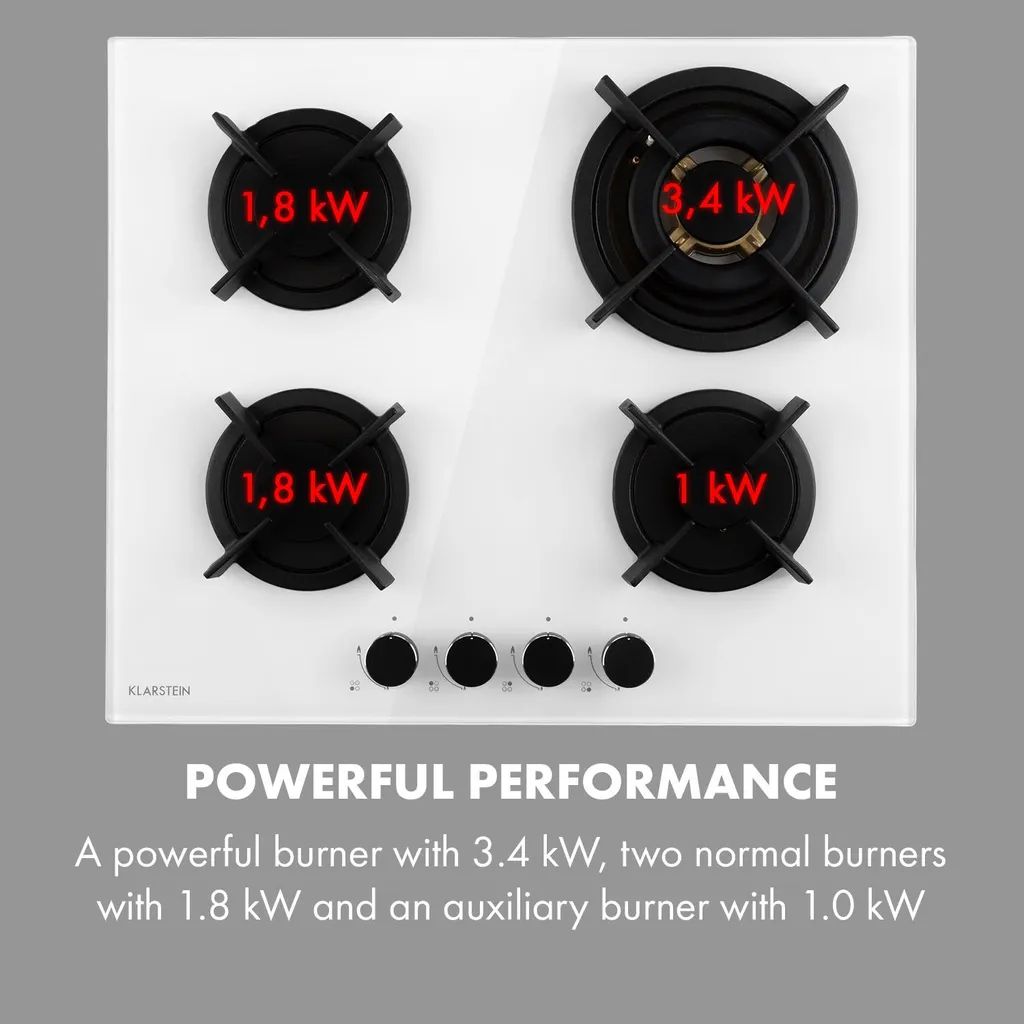 Klarstein Goldflame 4 Gaskochfeld , 4-flammig , Autark , 60 Cm , Einbau , Messing-Brenner , Erdgas/Propangas , Sicherheitsventile , Automatische Abschaltung , Topfträger Aus Gusseisen , Inkl. Schlauch Und Druckminderer , Glaskeramik Ø 8 Mm , Weiß - Image 6