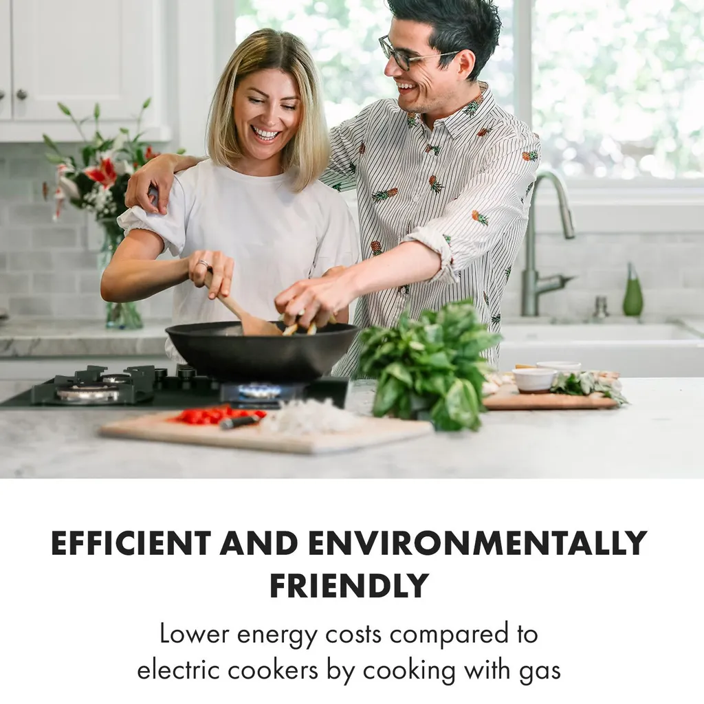 Klarstein Goldflame 4 Gaskochfeld , 4-flammig , Autark , 60 Cm , Einbau , Messing-Brenner , Erdgas/Propangas , Sicherheitsventile , Automatische Abschaltung , Topfträger Aus Gusseisen , Inkl.Schlauch Und Druckminderer , Glaskeramik Ø 8 Mm , Schwarz - Image 2