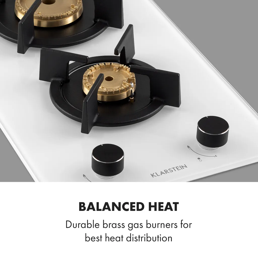 Klarstein Goldflame Domino Gaskochfeld , 2-flammig , Autark , 30 Cm , Einbau , Messing-Brenner , Erdgas/Propangas , Sicherheitsventile , Automatische Abschaltung , Topfträger Aus Gusseisen , Inkl. Schlauch Und Druckminderer , Glaskeramik Ø 8 Mm , Weiß - Image 3