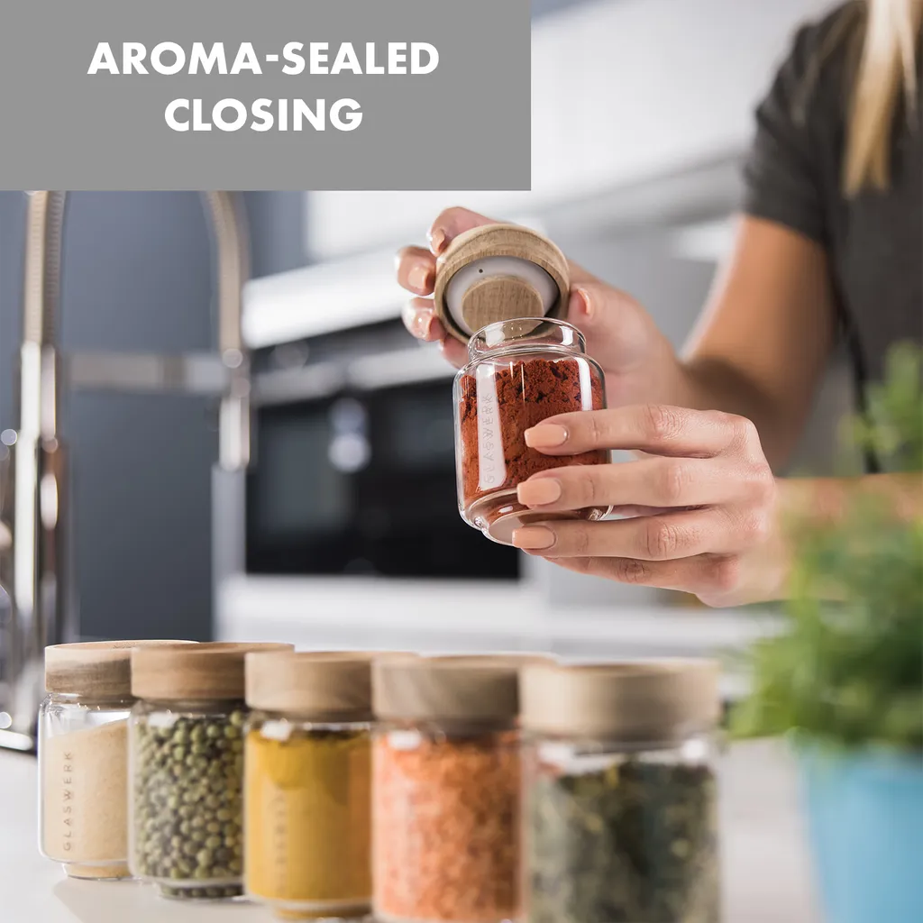 Klarstein Glaswerk Cassia Gewürzgläser Vorratsgläser Gewürzgläserset , 6 X 130 Ml , Borosilikatglas , Deckel Aus Akazienholz , Stapelbares Design , Luftdichte Aufbewahrung - Image 5