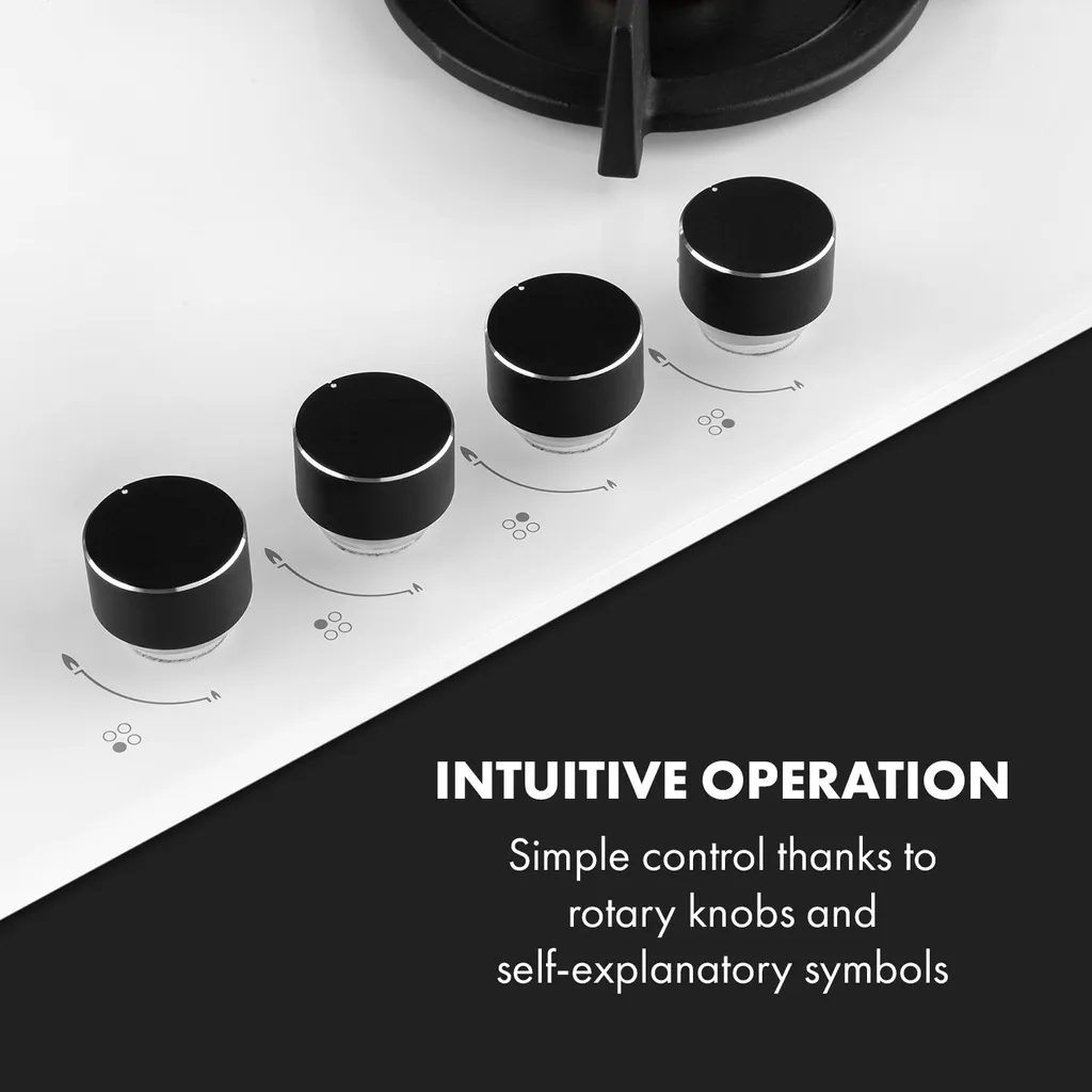 Klarstein Goldflame 4 Gaskochfeld , 4-flammig , Autark , 60 Cm , Einbau , Messing-Brenner , Erdgas/Propangas , Sicherheitsventile , Automatische Abschaltung , Topfträger Aus Gusseisen , Inkl. Schlauch Und Druckminderer , Glaskeramik Ø 8 Mm , Weiß - Image 4