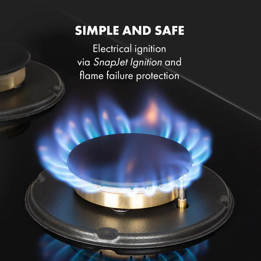 Klarstein Goldflame 4 Gaskochfeld , 4-flammig , Autark , 60 Cm , Einbau , Messing-Brenner , Erdgas/Propangas , Sicherheitsventile , Automatische Abschaltung , Topfträger Aus Gusseisen , Inkl.Schlauch Und Druckminderer , Glaskeramik Ø 8 Mm , Schwarz - Image 5