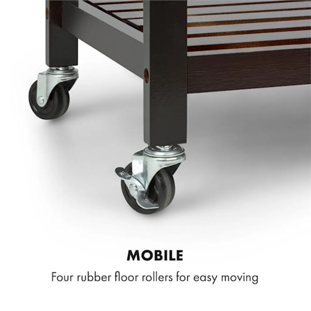 Klarstein Vermont - Küchenwagen, Servierwagen, Küchenrollwagen, 4 Etagen, DREI Ablagen, Herausnehmbare Schublade, Flaschenablage, Edelstahl-Arbeitsplatte, Echtholz, Rollen, Dunkelbraun - Image 7