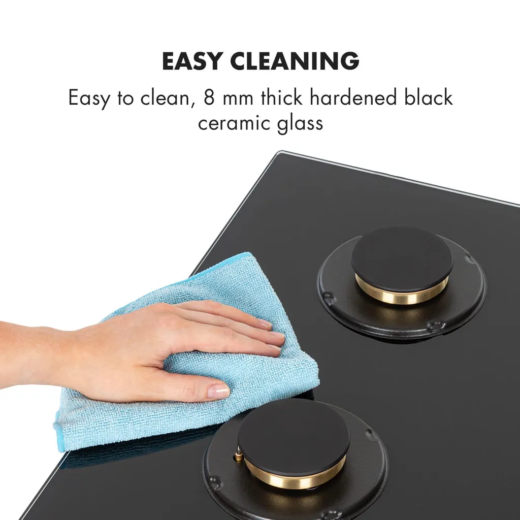 Klarstein Goldflame 4 Gaskochfeld , 4-flammig , Autark , 60 Cm , Einbau , Messing-Brenner , Erdgas/Propangas , Sicherheitsventile , Automatische Abschaltung , Topfträger Aus Gusseisen , Inkl.Schlauch Und Druckminderer , Glaskeramik Ø 8 Mm , Schwarz - Image 8