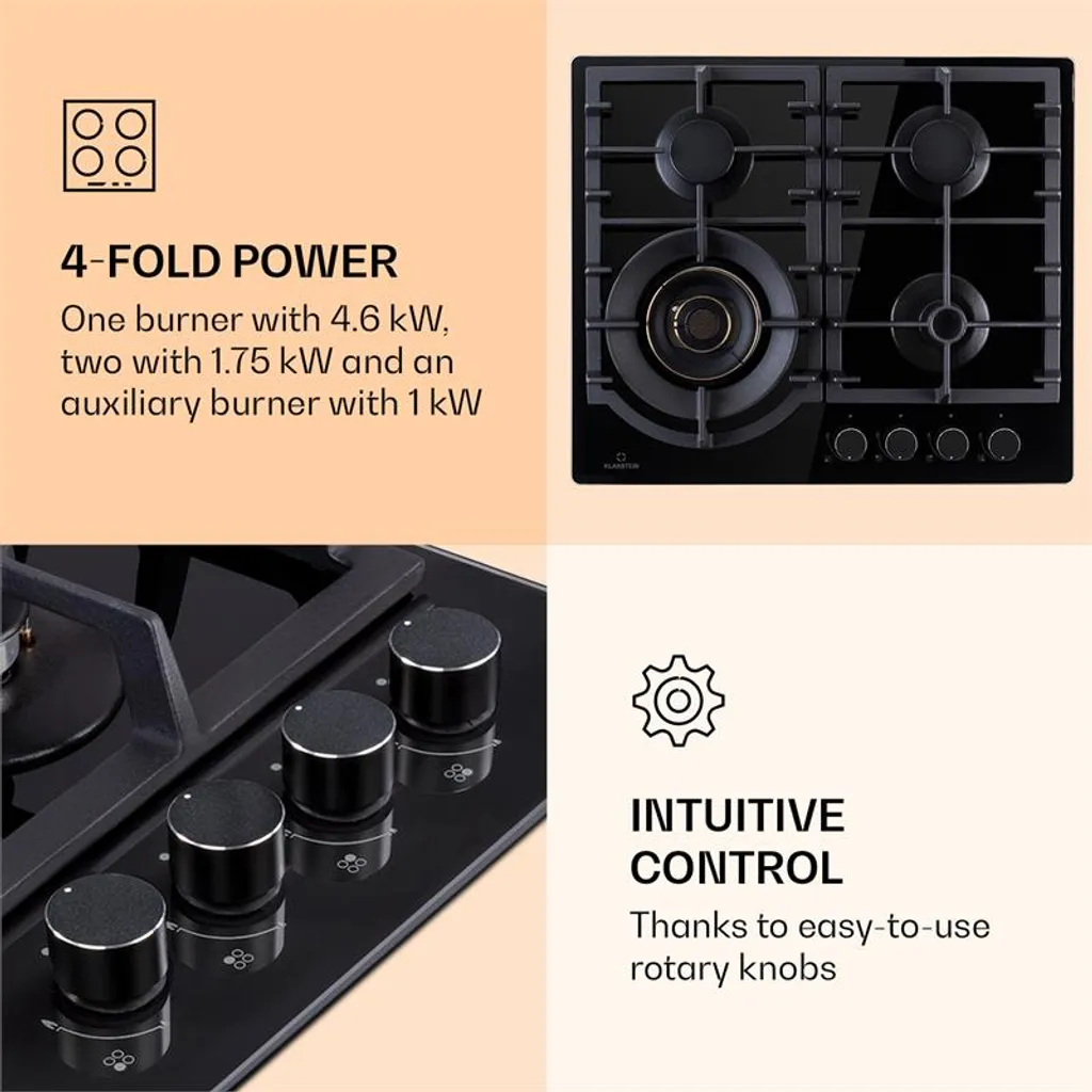 Klarstein Ignito Max 4 , Gaskochfeld , 4-flammig Glaskeramik , Ektrische Zündung , Geringere Energiekosten , 9,1 KW , 60 Cm - Image 4